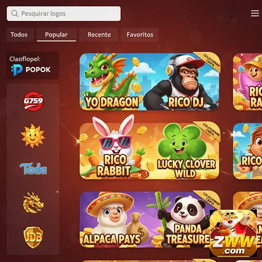 Interface de jogos populares no zww, com serviços VIP destacados.