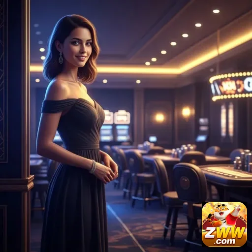Jogadora em cassino moderno ilustra o aplicativo zww.