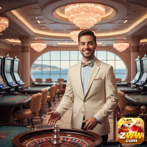 Funcionário sorridente em cassino da zww, oferecendo serviços VIP.