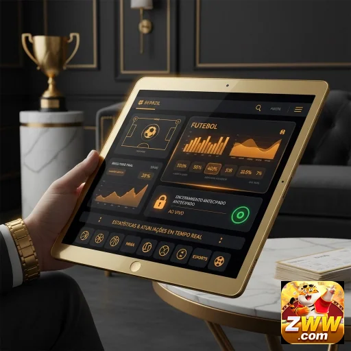 Jogador VIP usando tablet no zww com estatísticas em tempo real.