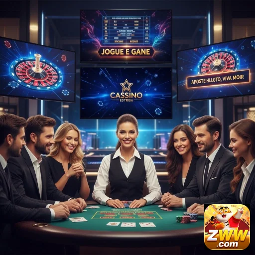 Jogadores em mesa de cassino zww com dealers e tabela.