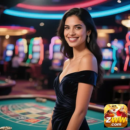 Jogadora sorridente em ambiente de cassino zww.