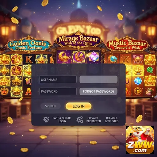 Tela de login da zww com slots e ícones de jogos destacados.