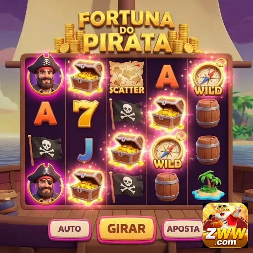 Tela do jogo Fortuna do Pirata no zww, com símbolos e bônus.