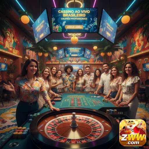 Jogadores em mesa de cassino ao vivo da zww, com crupiês.