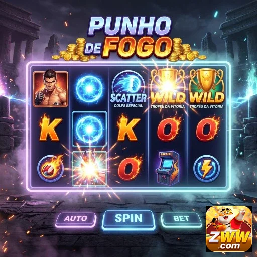 Slot 'Punho de Fogo' da plataforma zww com símbolos e prêmios.