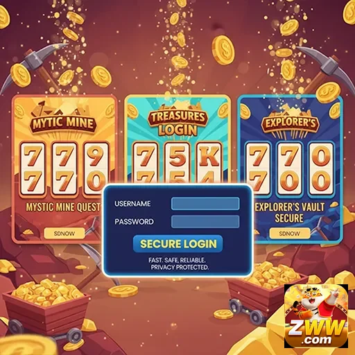 zww mostra a tela de login com jogos e prêmios disponíveis.
