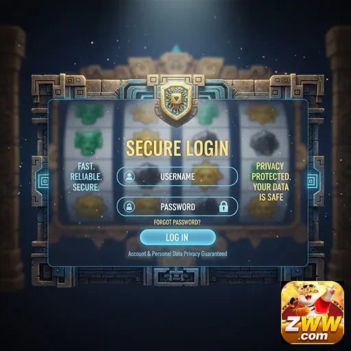 Tela de login seguro da zww com slots visíveis ao fundo.