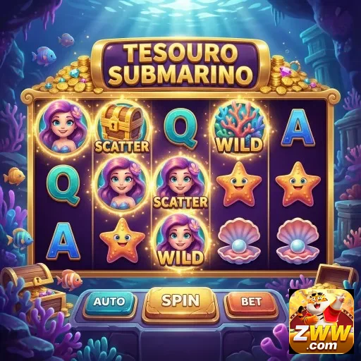 zww apresenta a slot 'Tesouro Submarino' com ícones de Wild e Scatter.